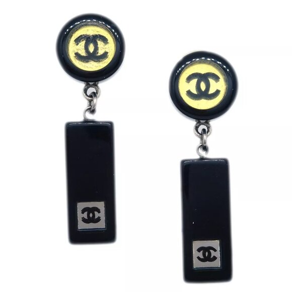 Chanel Piercing Dangle Earrings Silver Black - Picture 1 of 4
